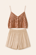 Muat gambar ke penampil Galeri, Sequin Crop Top Coral &amp; Short Cream-Gold / SETS
